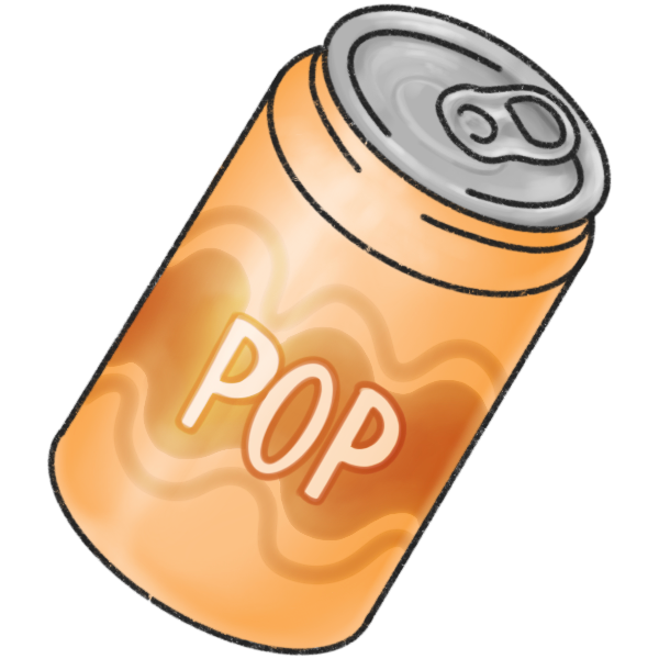 a cream colored pop can with a wavy design, that reads 'pop' on the front.